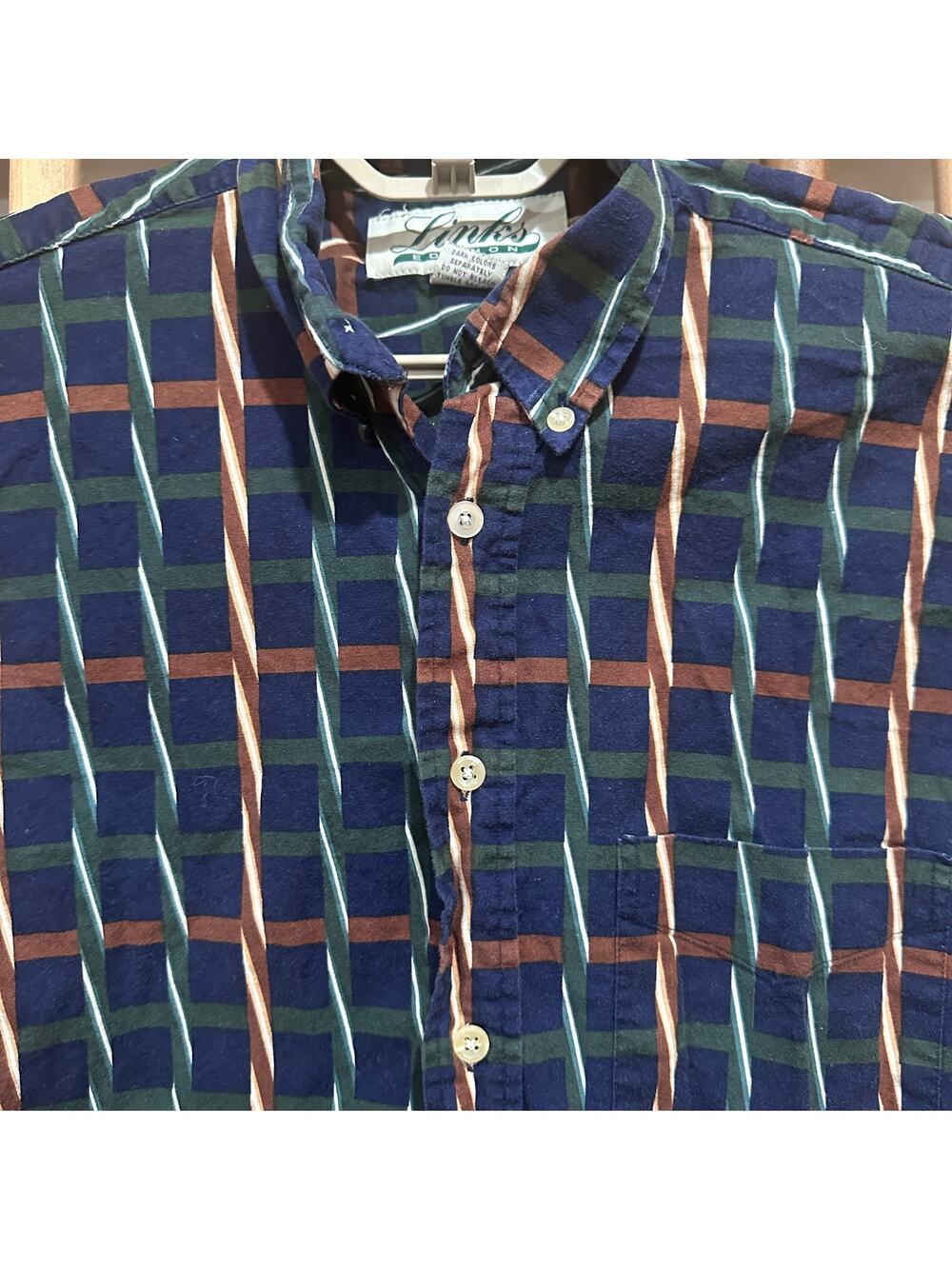 Links Shirt Men Size M Blue Brown Green Button Up Short Sleeve 100% Cotton 90s